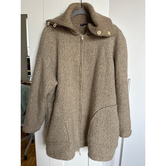 Landau Icelandic Wool Knit Sweater Tan/Beige Herringbone Print Coat, Size L, EUC - Picture 1 of 8